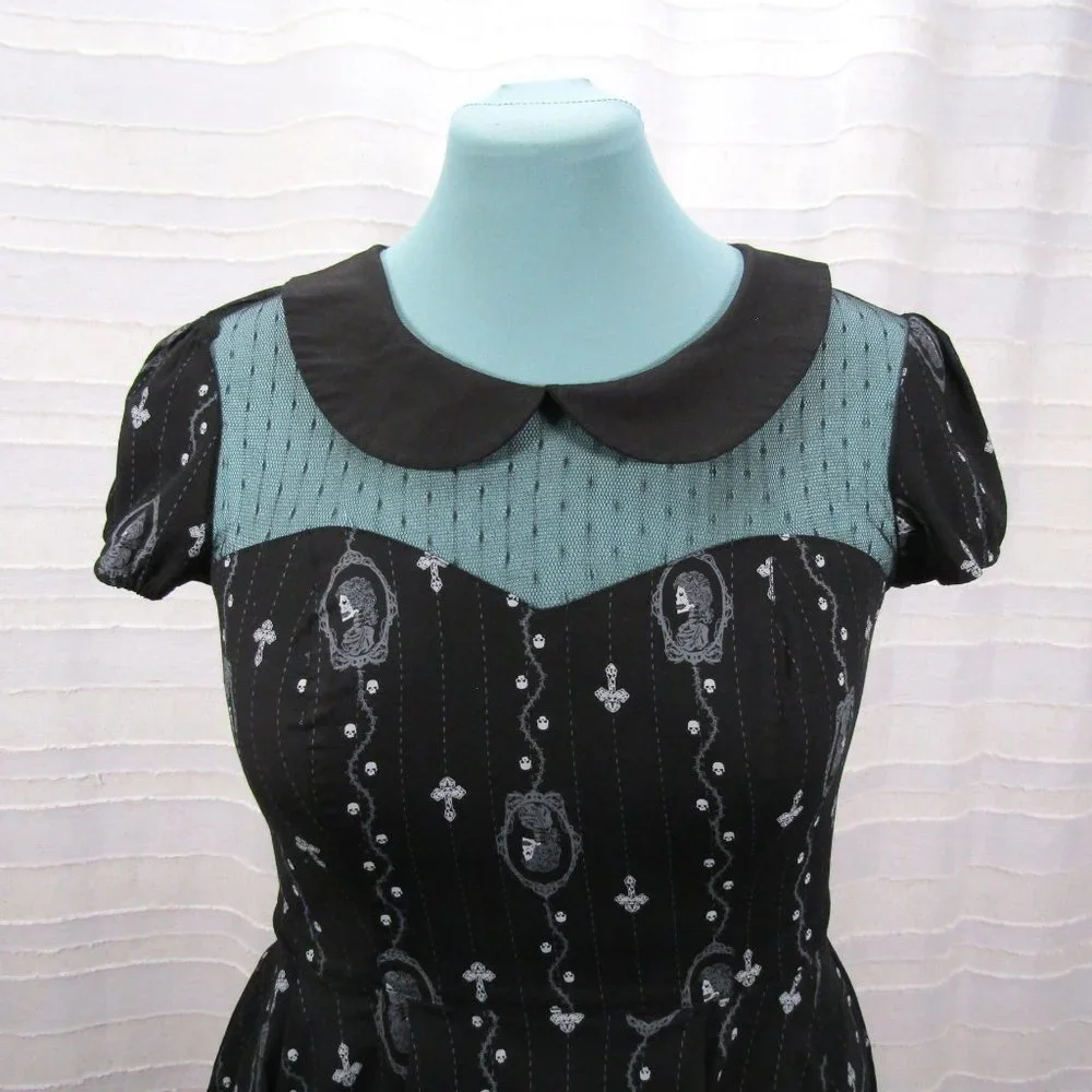 Hell Bunny Collared Gemma Mini Dress in Black Pinstripe Skull Cameo - M - Picture 3 of 10